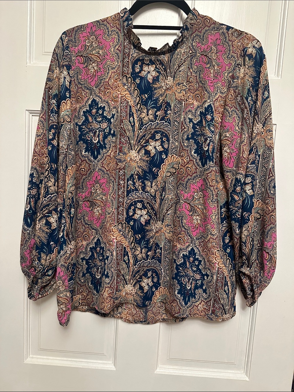 LOFT Navy Paisley Blouse with Pink Accents